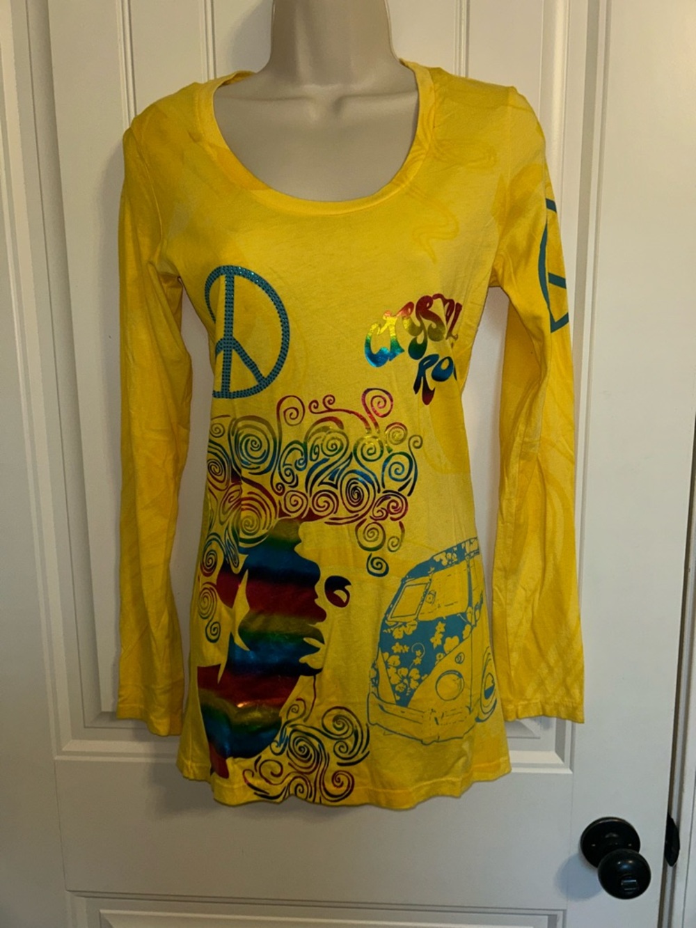 NWT Christian Audigier Crystal Rock Free Spirit Long Sleeve T-Shirt Yellow Sz M